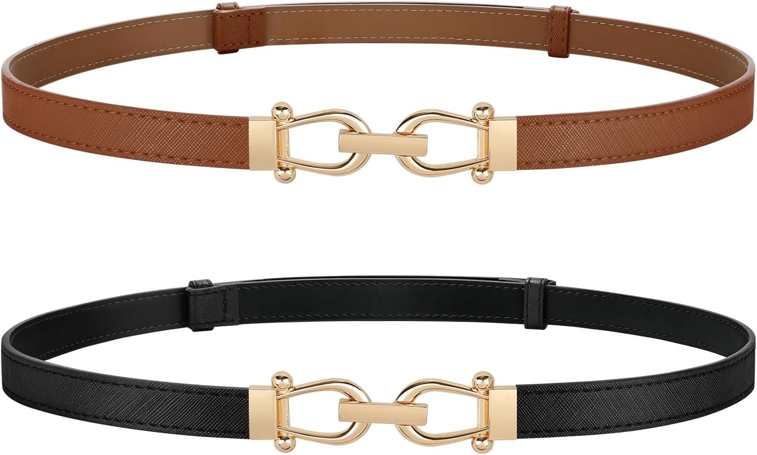 JASGOOD 2 Pack Thin Belts for Women Fashion Skinny Leather Waist Belts for Jeans Pants Dresses with Gold Buckle