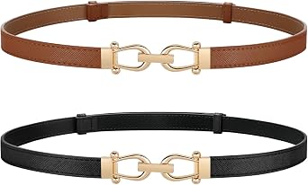 JASGOOD 2 Pack Thin Belts for Women Fashion Skinny Leather Waist Belts for Jeans Pants Dresses with Gold Buckle