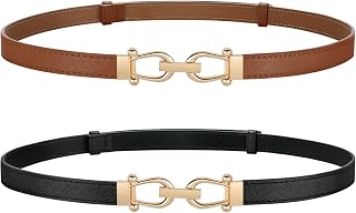 JASGOOD 2 Pack Thin Belts for Women Fashion Skinny Leather Waist Belts for Jeans Pants Dresses with Gold Buckle