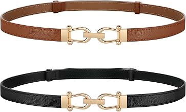 JASGOOD 2 Pack Thin Belts for Women Fashion Skinny Leather Waist Belts for Jeans Pants Dresses with Gold Buckle