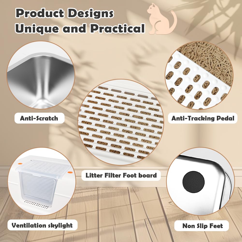 Vivifying Caja de Arena de Acero Inoxidable, Caja de Arena Cerrada XL para Gatos con Tapa de Lados Altos (Beige)