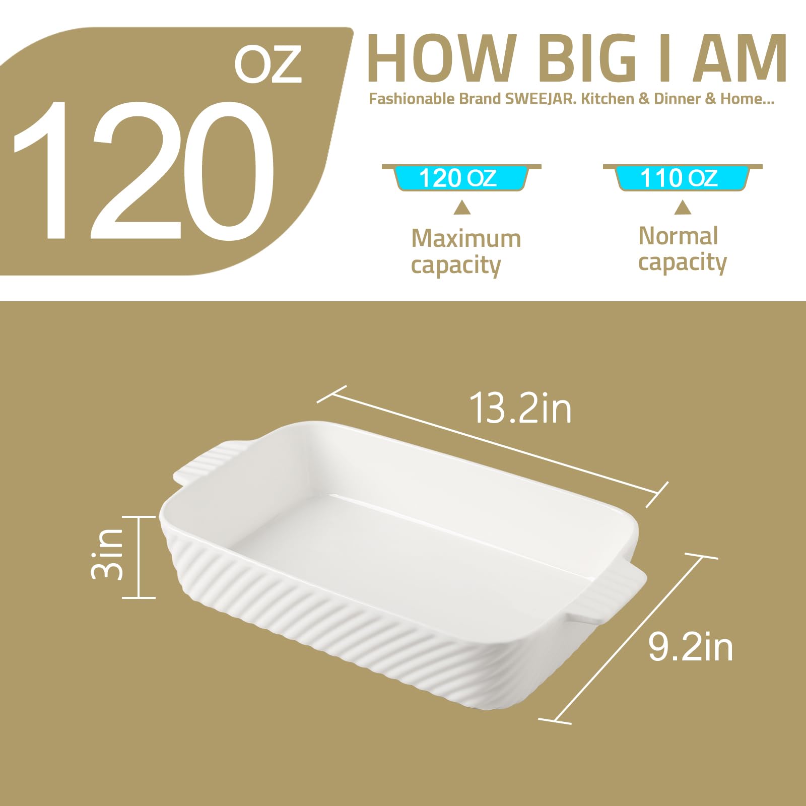 Sweejar Keramik-Backform, Kuchenbackform für Brownie, Porzellan, gestreift, Auflaufformen für Ofen mit Griff für Lasagne, Familienessen (weiß), 33 x 22,9 cm