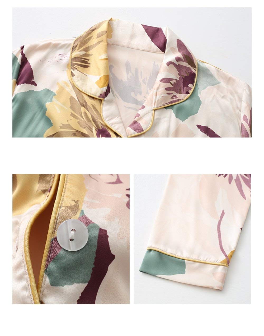 Pijama De Satén para Mujer,Primavera Otoño Mujer Pijama De Seda De Manga Larga con Bolsillos 2 Piezas Ropa De Dormir Suave Elegante Pijama con Botones Estampado De Flores