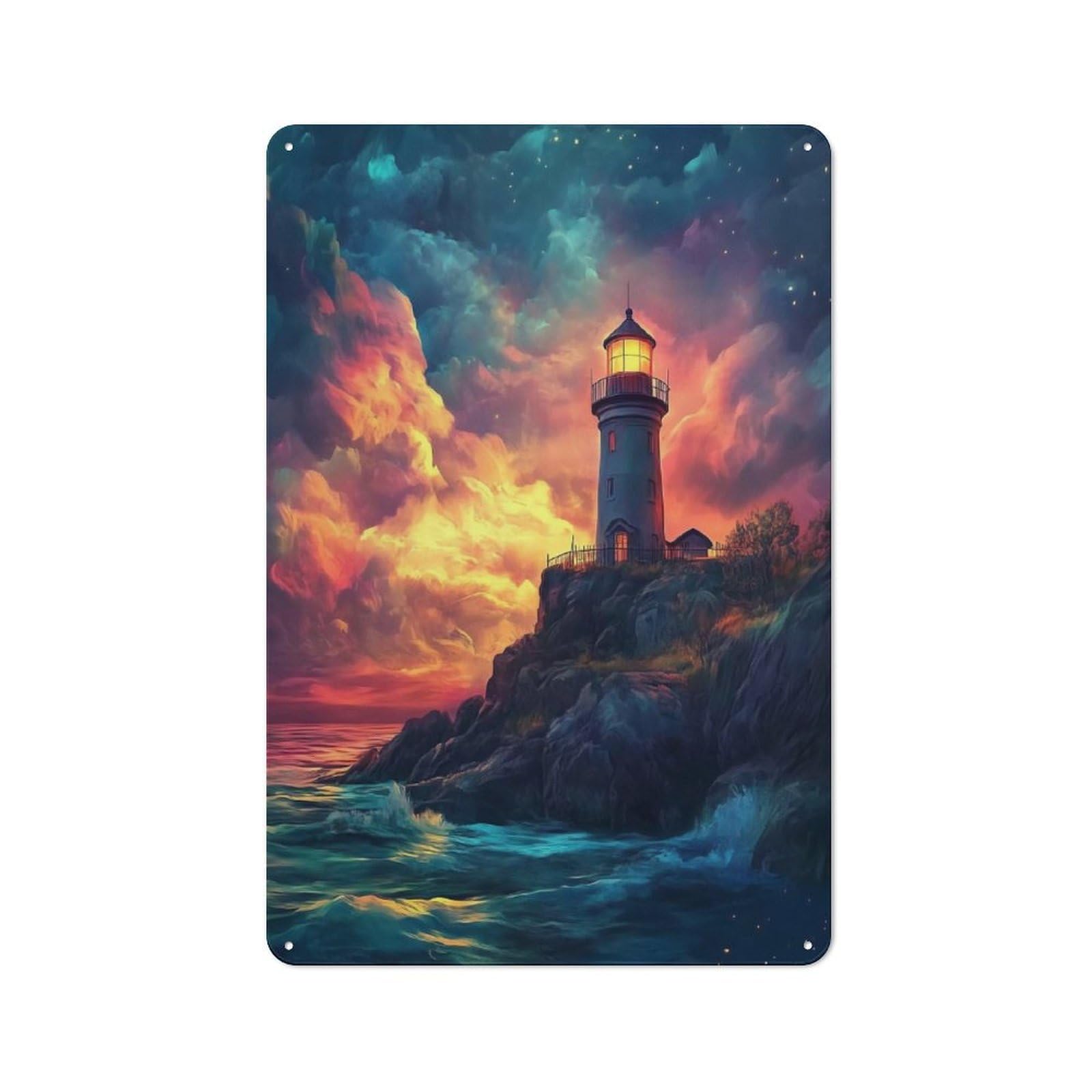 Junmoney Style-15 Country Style Lighthouse At Sunset Decorative Metal Sign 30X20cm, Bistro Wall Plaque For Restaurant, Kitchen, Counter Or Breakfast Nook