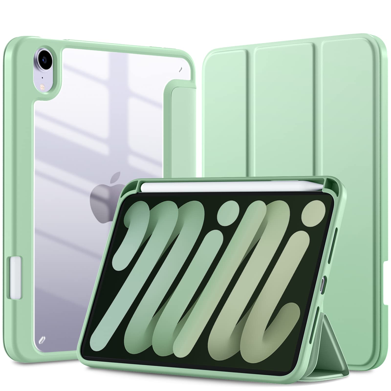 Mastten for iPad Mini 7 Case A17 Pro, for iPad Mini 7th/6th Generation Case 2024/2021 8.3 Inch with Pencil Holder, Hybrid Slim Clear Back Shell Cover Kids, Auto Wake/Sleep, Matchagreen