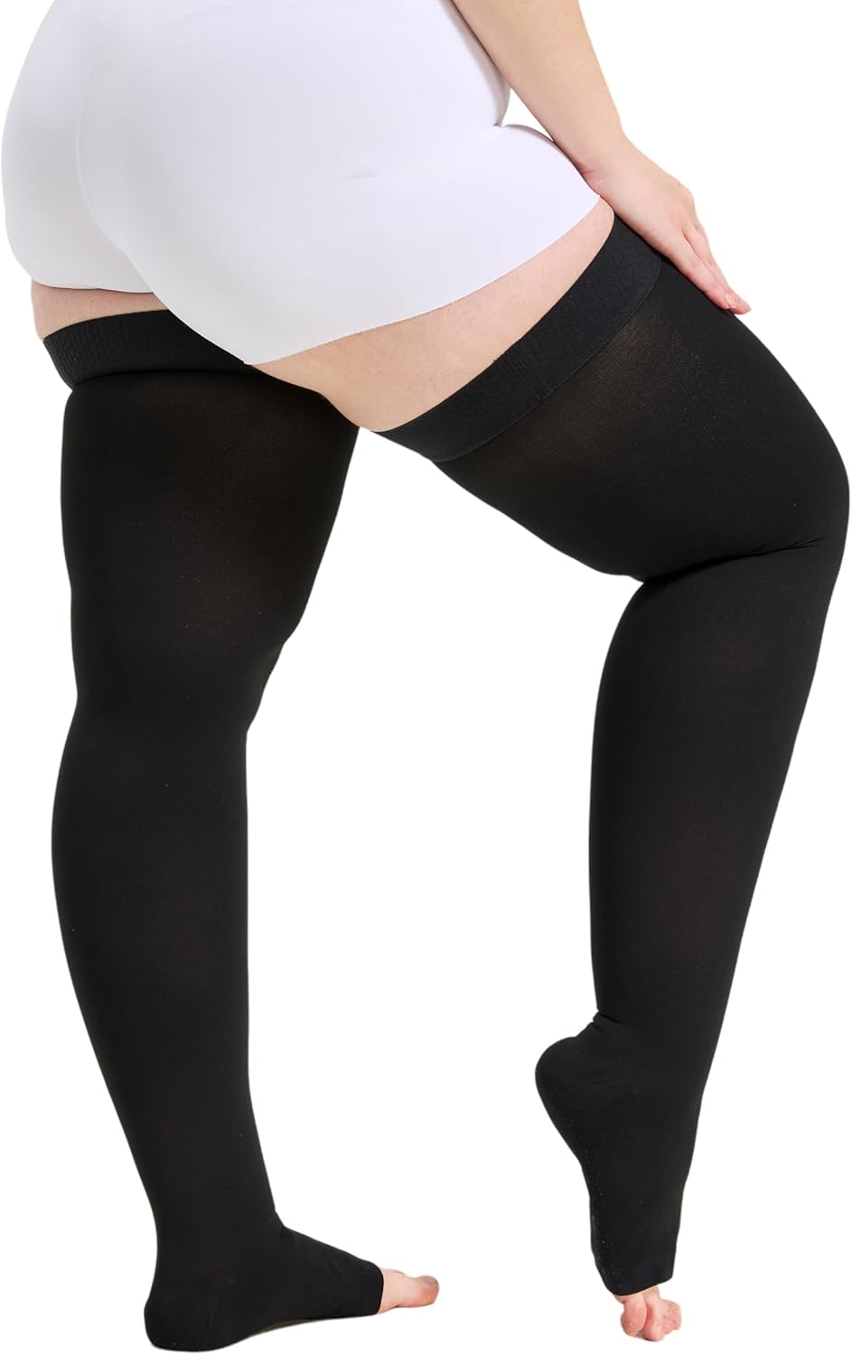 Extra Wide 5XL Thigh High Open Toe Compression Stockings for Women & Men - 20-30mmHg Thigh High Compression Socks for Pregnancy Edema, Nurses & Extended Standing, Silicone Top Band, Flight, Travel