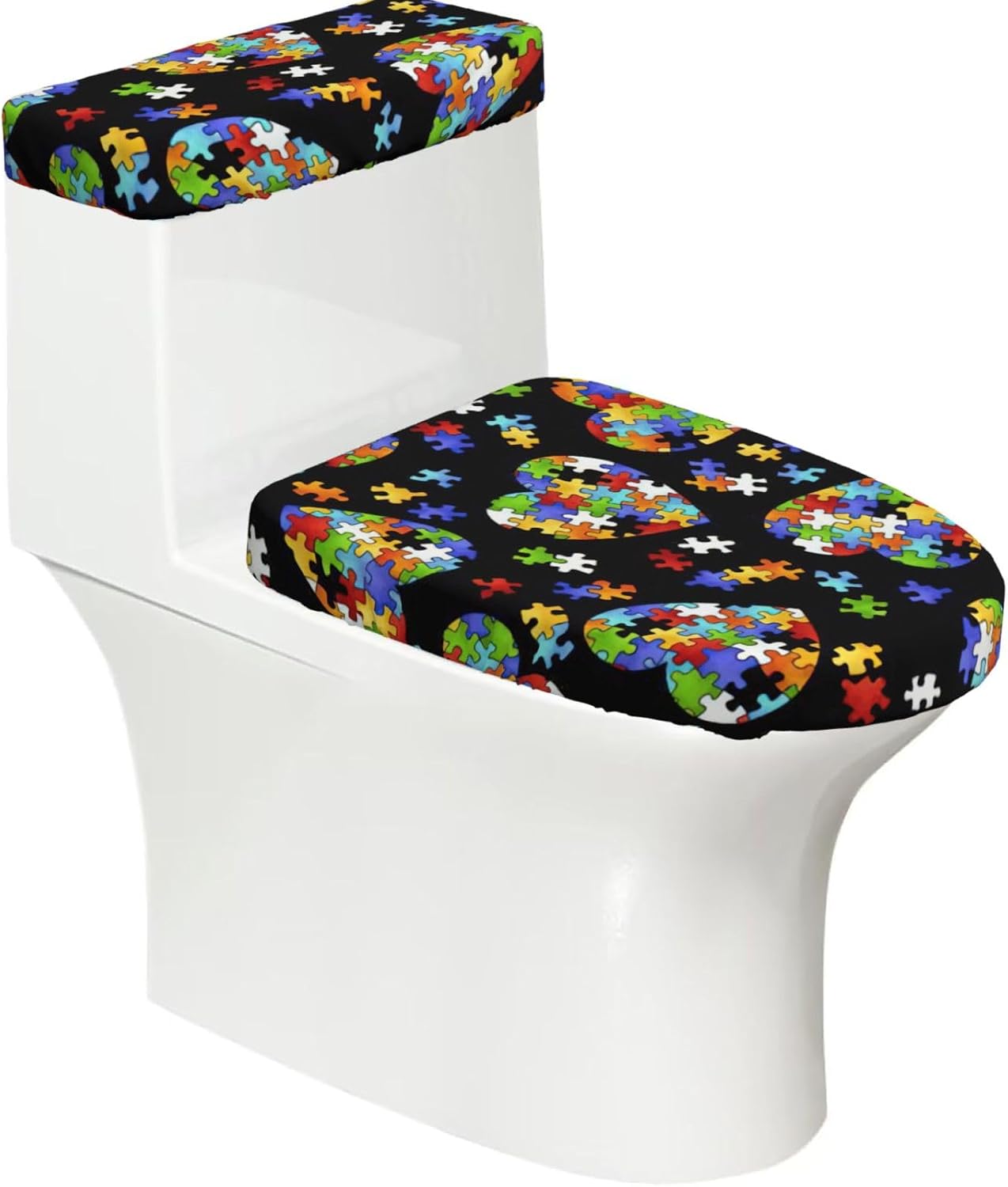 2 Pcs Autism Awareness Puzzle Pieces Heart Print Toilet Lid Cover And Toilet Tank Lid Cover Set, Soft Stretchable Bathroom Covers, Fits Round And Elongated Toilet Seats, Washable And Decorative