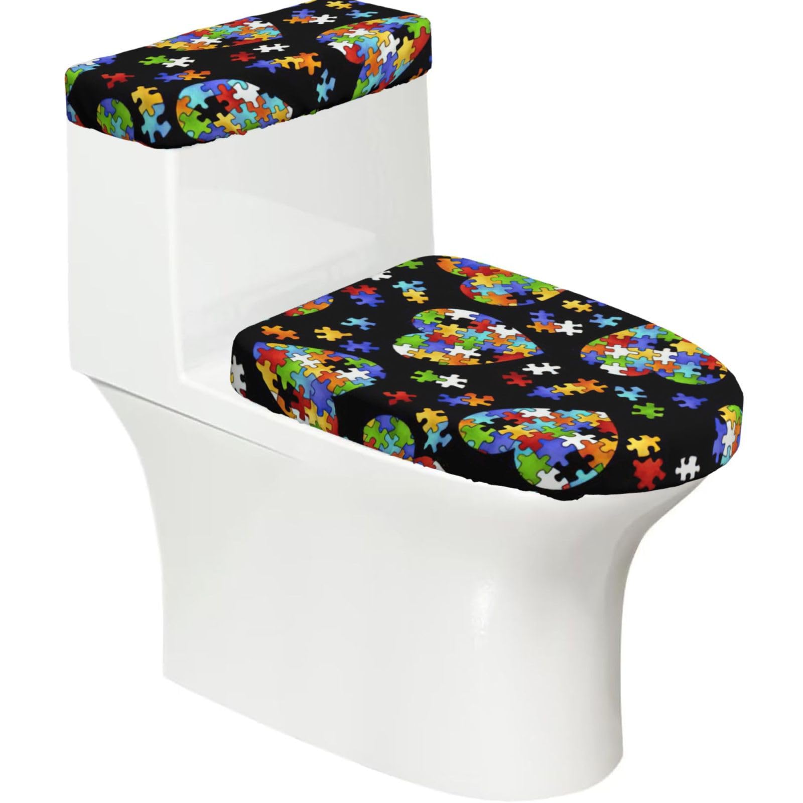 Autism Awareness Puzzle Pieces Heart Print Stretch Toilet Covers Set, Polyester Covers Replacement For Fits Most Size Lids Bathroom Decor