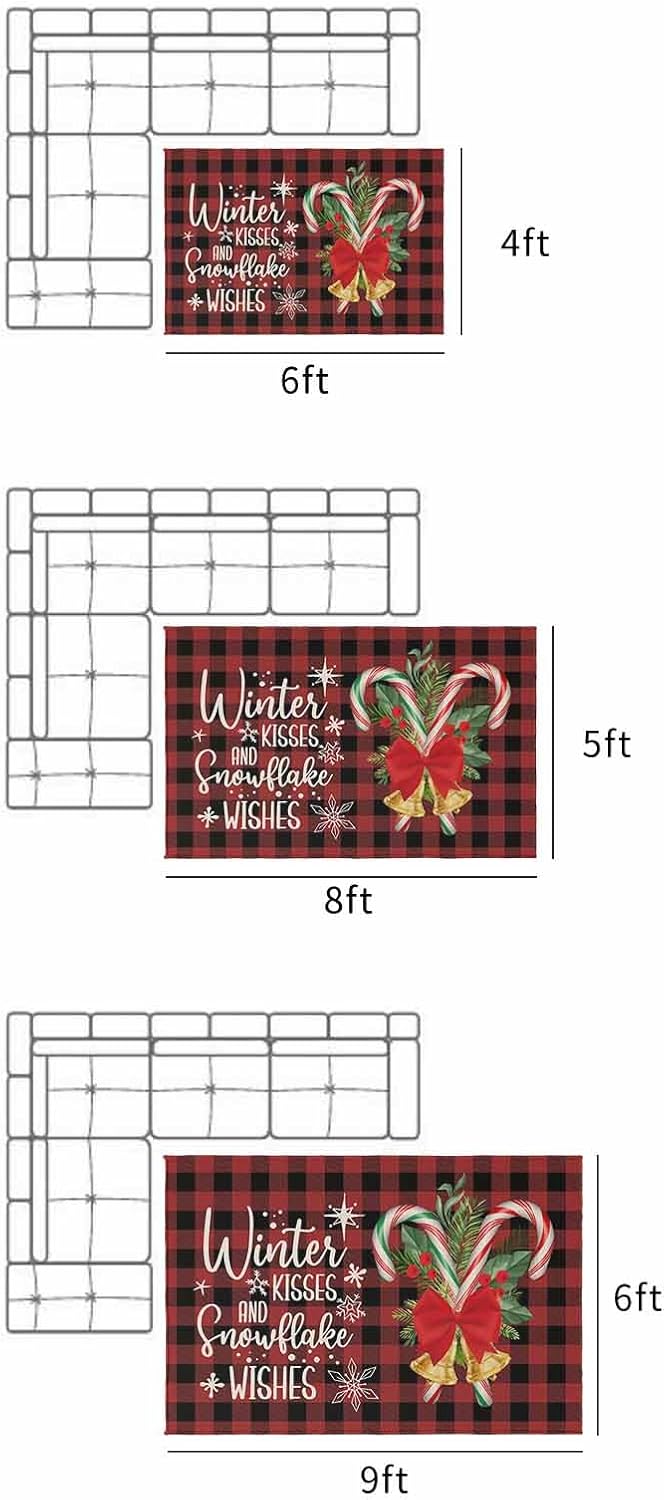 Red Black Buffalo Plaid Outdoor Camping Rug 4" x 6" - Outdoor Patio Rug Area Rug Decor, Holly Christmas Snowflakes Water Absorbent Large Outdoor Carpet for RV, Porch, Deck, Balcony, Picnic