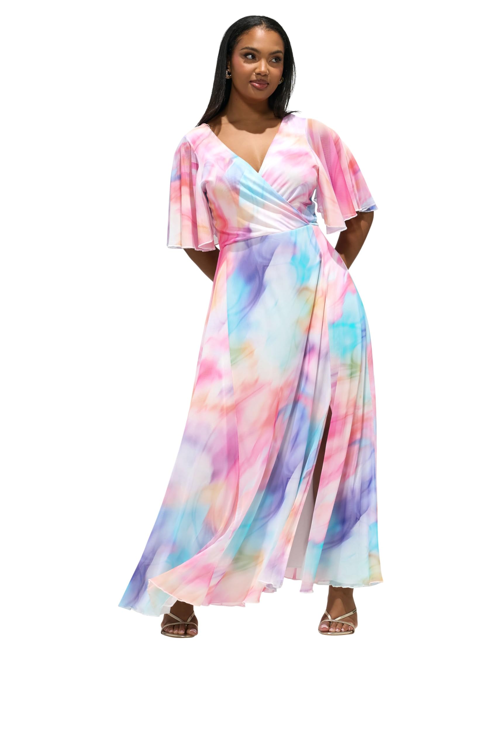 Yours London Curve Pink & Blue Blurred Abstract Wrap Dress - Women's - Plus Size Curve