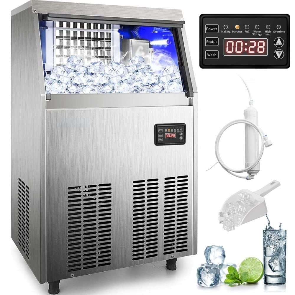 Stainless Steel Under Counter Ice Maker Machine with 33LB Bin, Automatic Operation, Water Filter, Scoop, Connection Hose - Makes 120-130LBS/24H - Perfect for Home Bar