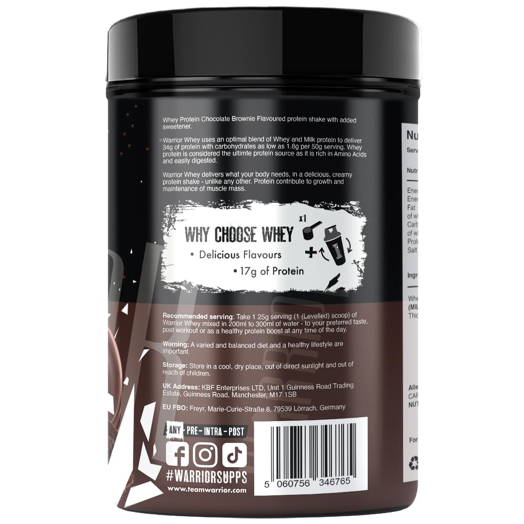 Warrior Whey Protein Powder 500g, 20 Servings – High Protein Shake Supplement for Muscle Growth, Recovery & Weight Loss – Low Sugar, Low Carb, Gluten Free Meal Replacement Shake – Chocolate Brownie