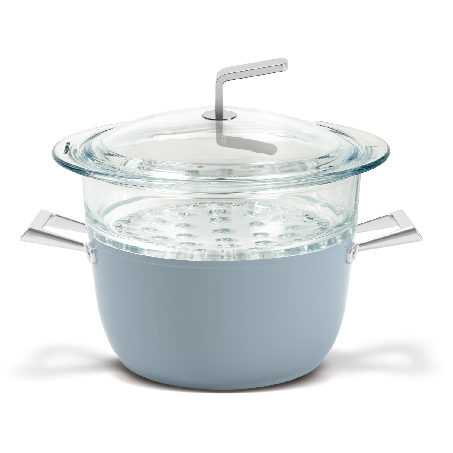 TVS PENTOLE Set per Cotture a Vapore Luna Induction, Casseruola Antiaderente Ø20 cm, con inserto forato in Vetro, Adatta all'induzione, Manici in acciaio, Coperchio in vetro, Celeste, Made in Italy