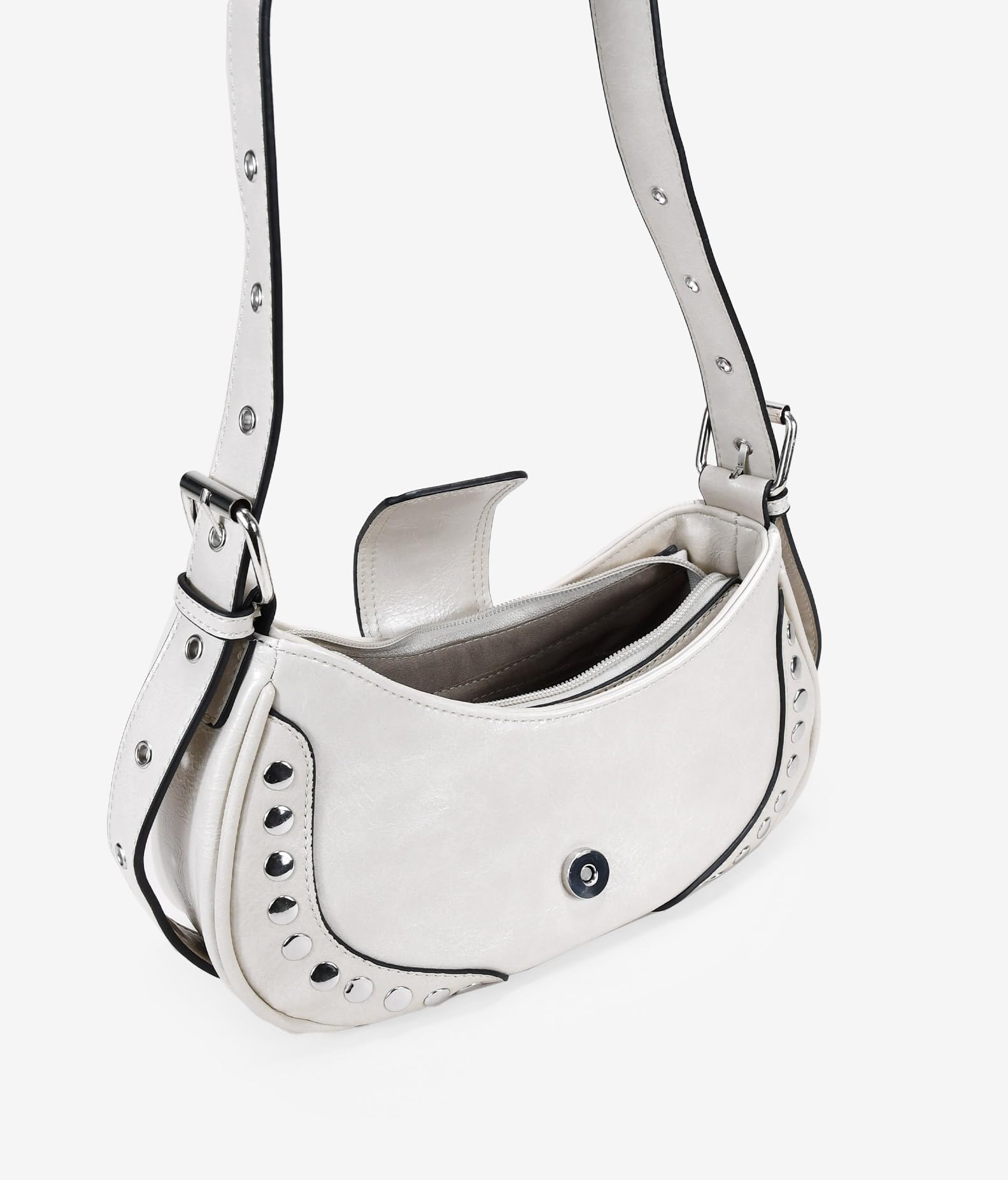 BOSANOVA Bolso de Hombro Color Blanco Efecto Charol con Detalle de Solapa con Hebilla y tachas metálicas. Asa de Hombro Regulable y Cierre con Cremallera. Blanco U