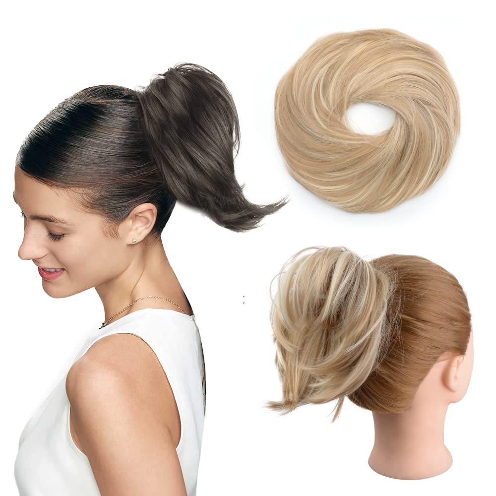 KGBFASS Brown Blonde Messy Bun Hair Piece Synthetic Wavy Curly Chignon Tousled Updo Hair Extension Thick Ponytail With Elastic Rubber Band Updo Messy Buns Scrunchies Hairpieces for Women