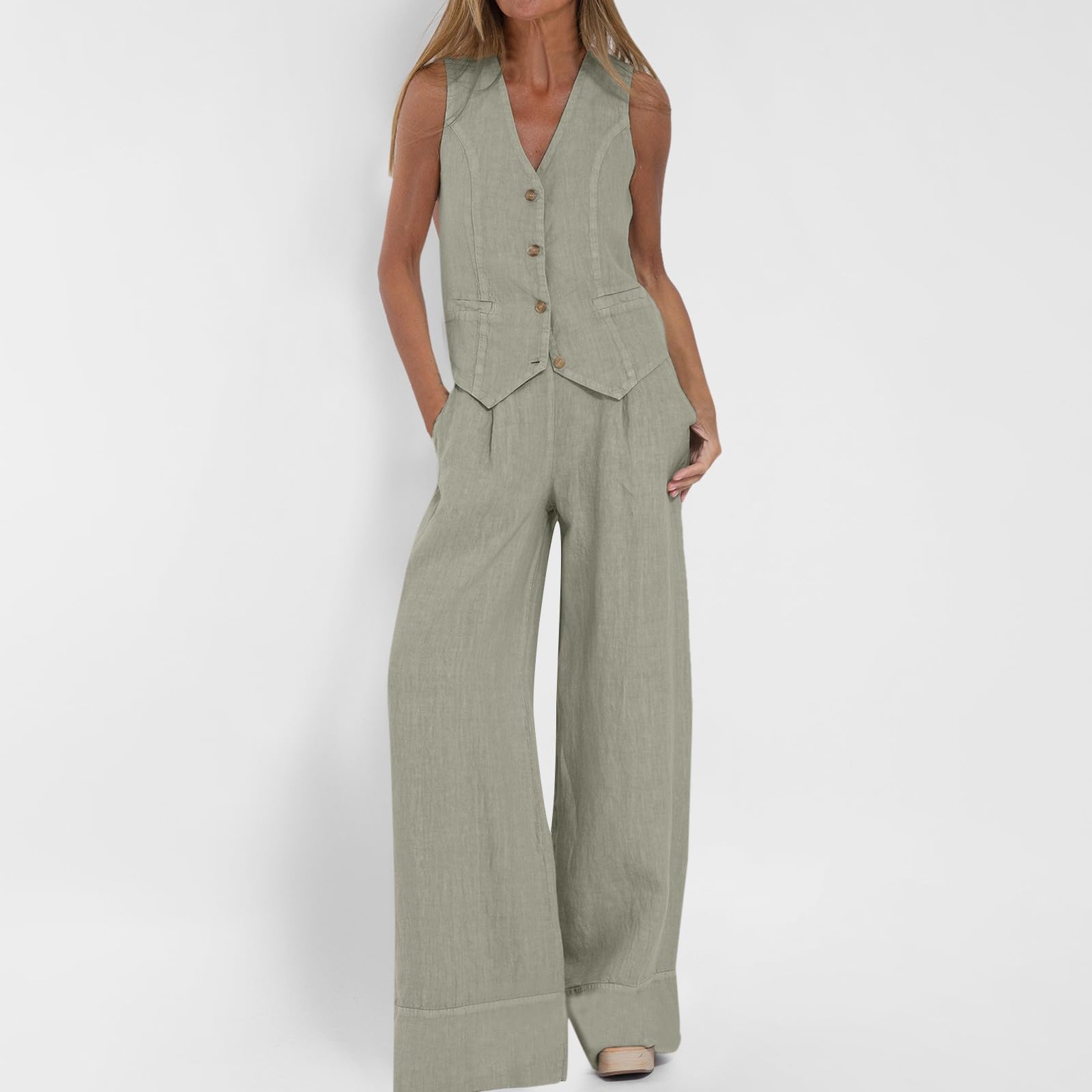 Ensemble 2 pièces Gilet et Pantalon pour Femme avec col en V, sans Manches, Pantalon à Jambe Large, Blazer d'été Assorti en Coton et Lin Confortable Femmes