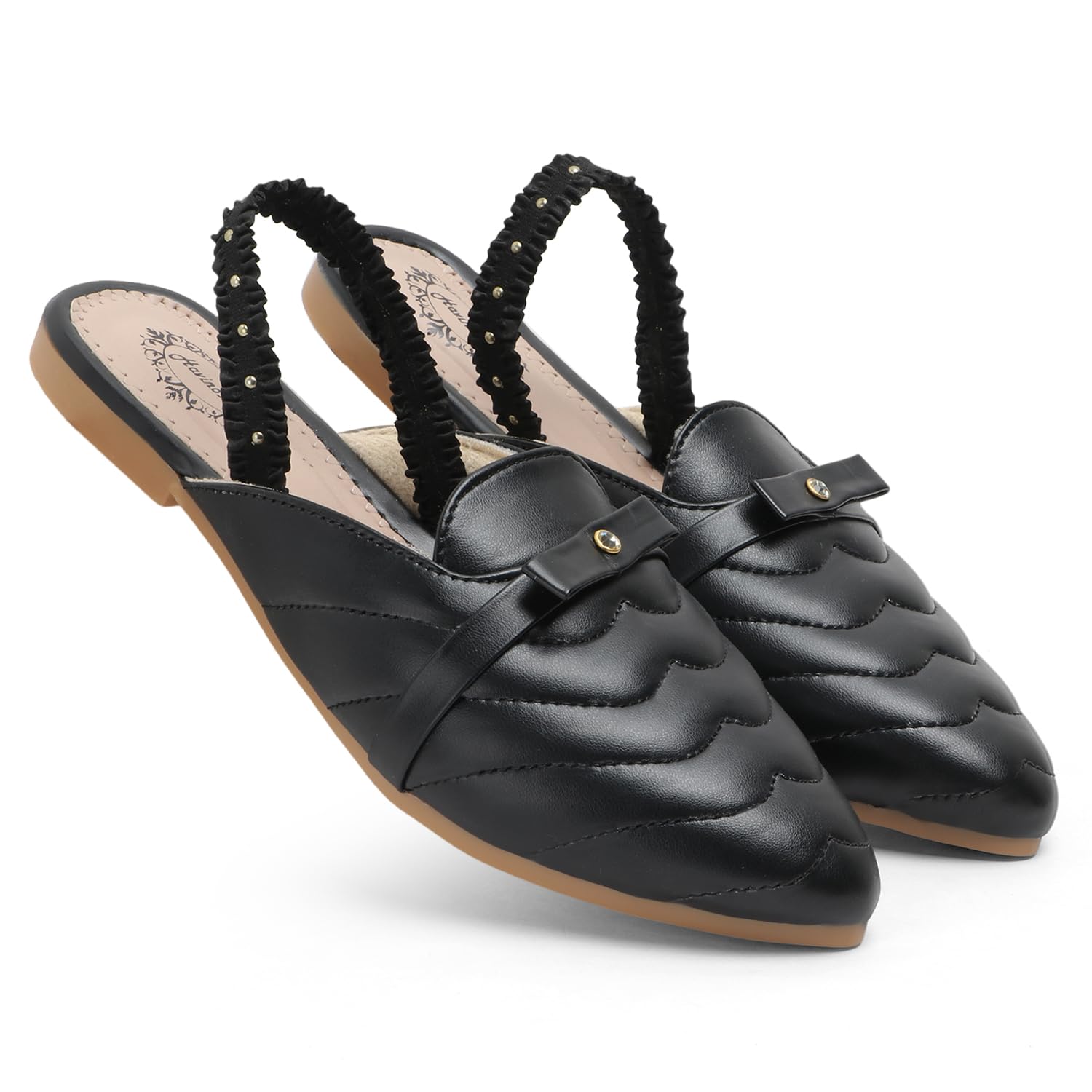 Women's Quilted Slingback Mules, Black Faux Leather, Pointed Toe, Elastic Strap Bellies-image-38