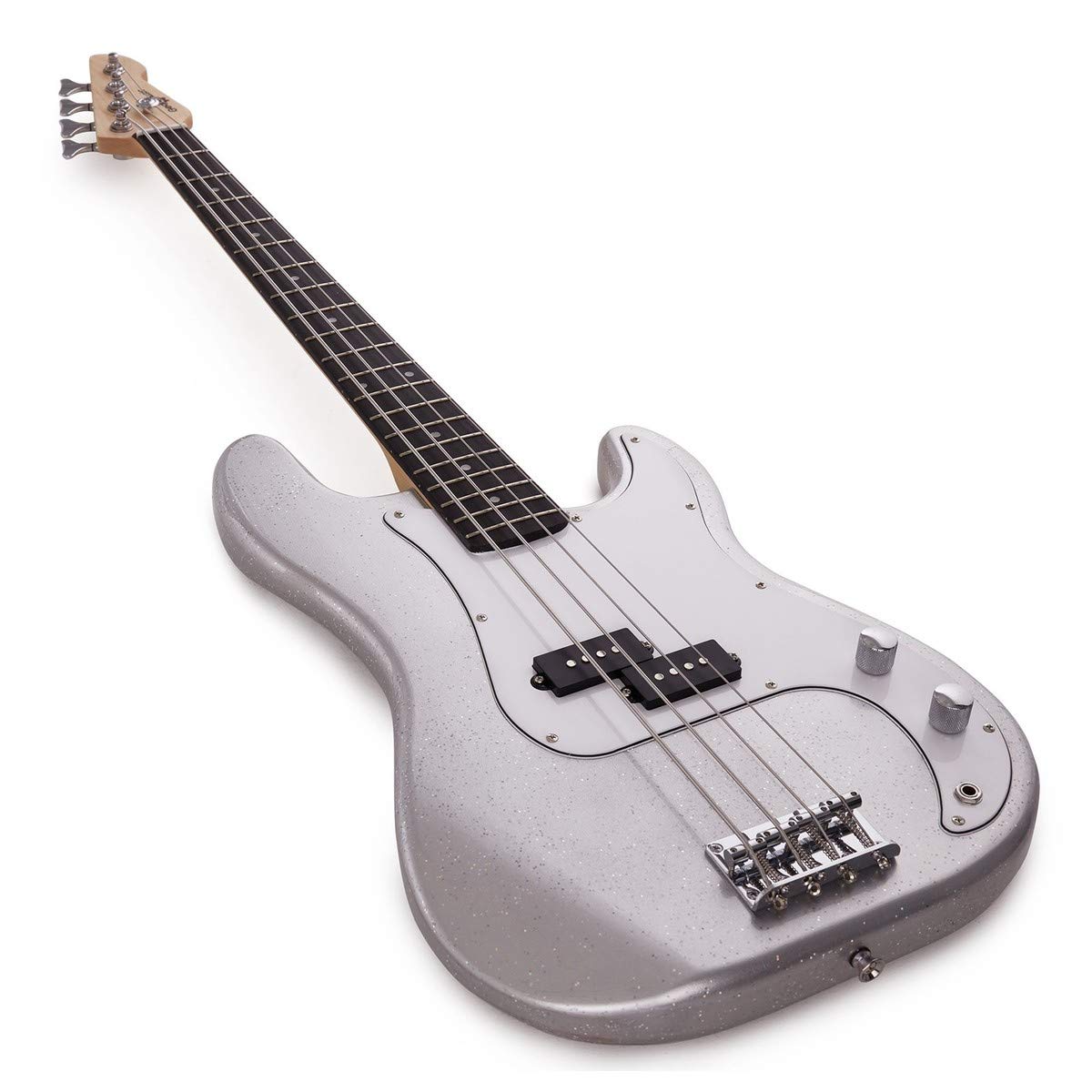 LA Bassgitarre + 15W Verstärker-Paket, Silver Flake | Perfekter Bass für Jüngere Anfänger, Klarer Druckvoller Ton, Leichte Hölzer, 15W-Verstärker und Zubehör Inklusive