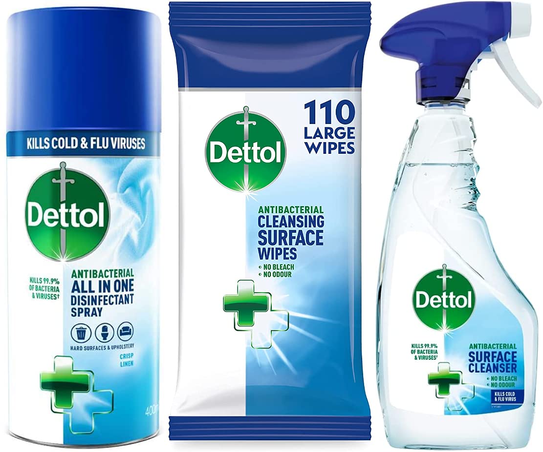 Dettol All-in-One Crisp Linen Disinfectant Spray 400ml with Dettol Antibacterial Surface Cleanser Spray 750ml and Dettol Antibacterial Surface Cleaning Disinfectant Wipes 110pack Bundle Pack