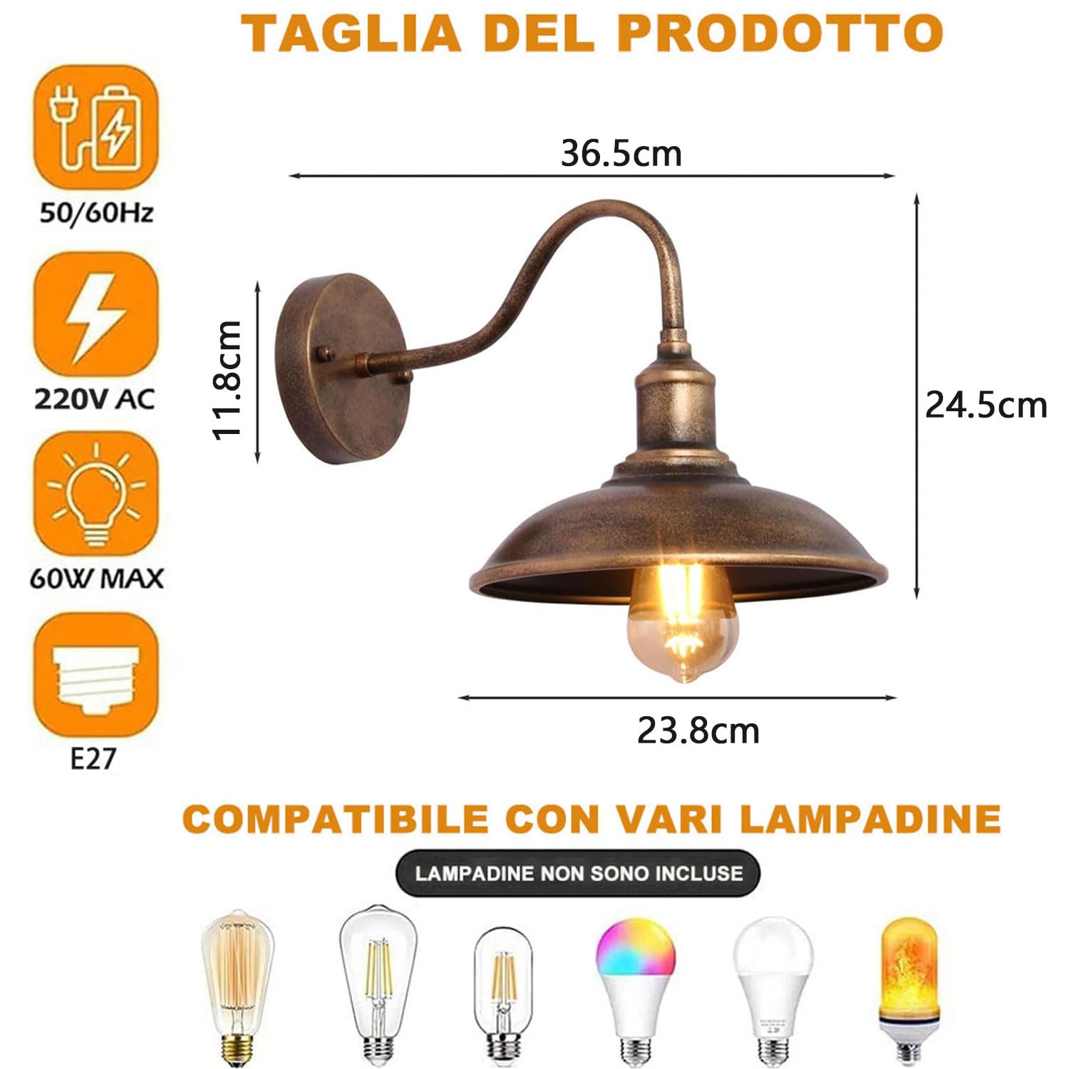 Applique da parete per esterni retrò rurale a collo di cigno Applique da parete impermeabile per portico da 9,3 pollici Luce da fienile per esterni Luce da garage antiruggine