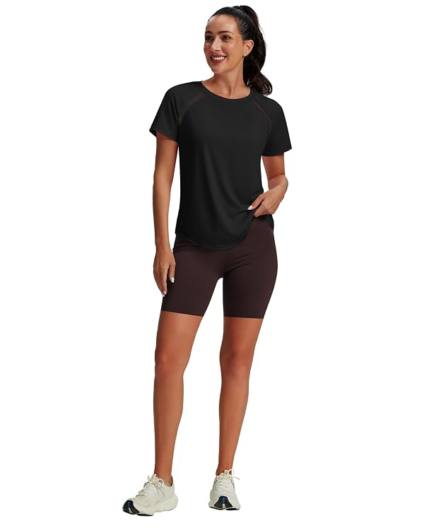 NIASHOT Athletic Tops for Women Workout Gym Shirts Yoga Pilates Outfits Curved Hem Short Sleeve with Mesh Running Clothing Black M by NIASHOT - Used condition - Image 5