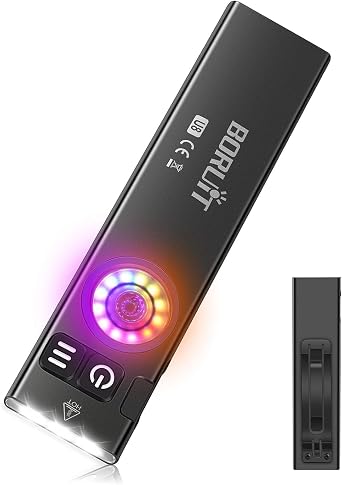 BORUIT U8 EDC Flat Flashlight with Clip,Magnetic Tail | Red/Blue/Green Side Light, Bright 650LM Portable Pocket Flash Lights, USB-C Rechargeable, for Home Camping Working