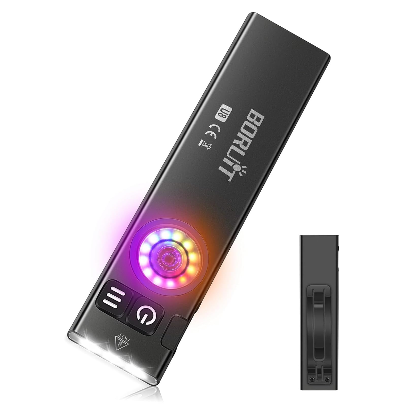BORUIT U8 Mini Torcia LED EDC Piatta 650 Lumen, Ricaricabile USB-C con Luce Bianca, Gialla e RGB, IP67 Impermeabile, Base Magnetica e Clip per Campeggio, Escursioni ed Emergenze