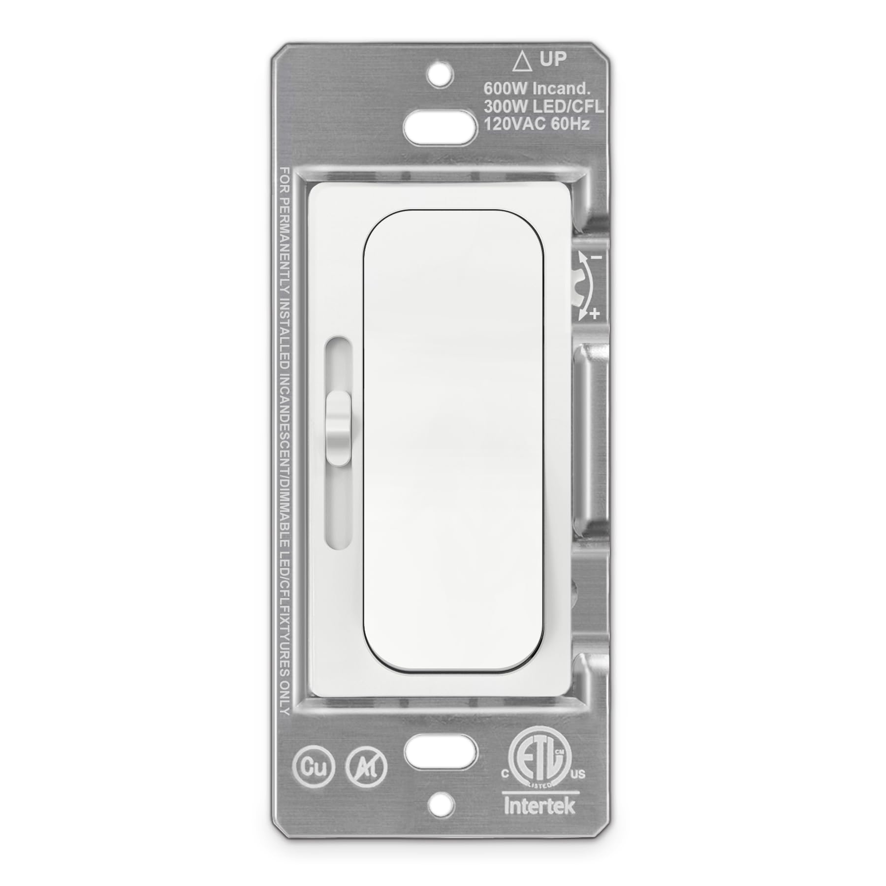 BESTTEN Super Slim Dimmer Light Switch, Quiet Slide Dimmer Switch, Max 300W LED, CFL, 600W Incandescent, Single Pole or 3 Way Dimmer, for Dimmable LED, CFL, Incandescent, Halogen, ETL Listed, White