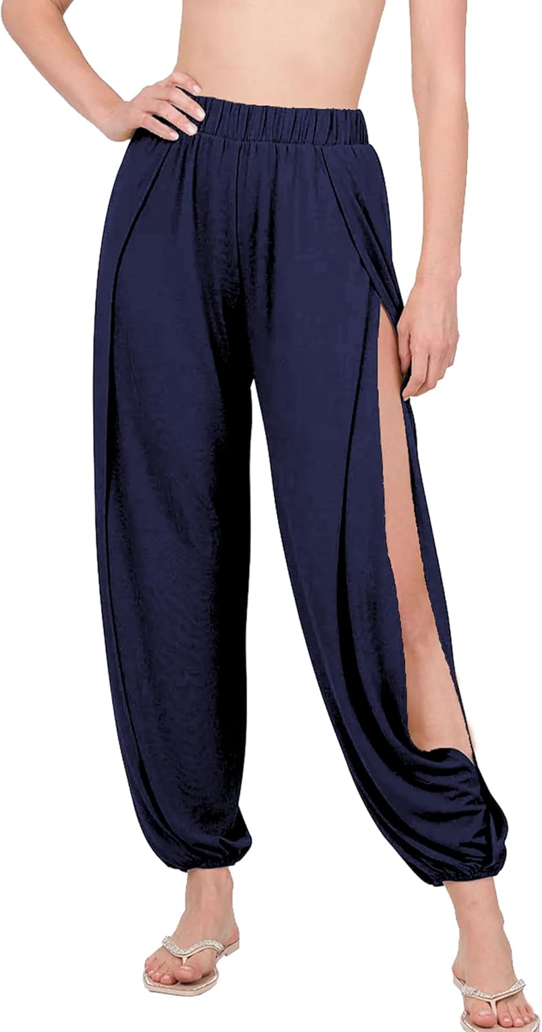 Harem Pants for Women Double High Slit Leg Flowy Yoga Pant Pilates Dance Hippie Wrap Beach Cover-Up Pants - Image 4