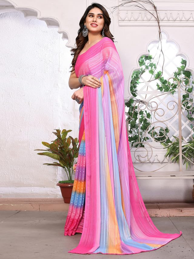 Satrani Women's Georgette Printed & Satin With Jari Stripes Saree With Unstitched Blouse Piece (3288S2361N_Pink & Multi3)