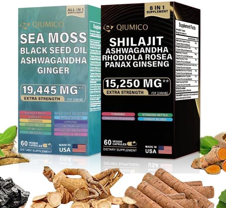 Miniatura 5 de Paquete de musgo marino y shilajit, musgo marino 7000 mg, aceite de semilla negra 4000 mg, Ashwagandha 2000 mg, jengibre y shilajit 9000 mg,