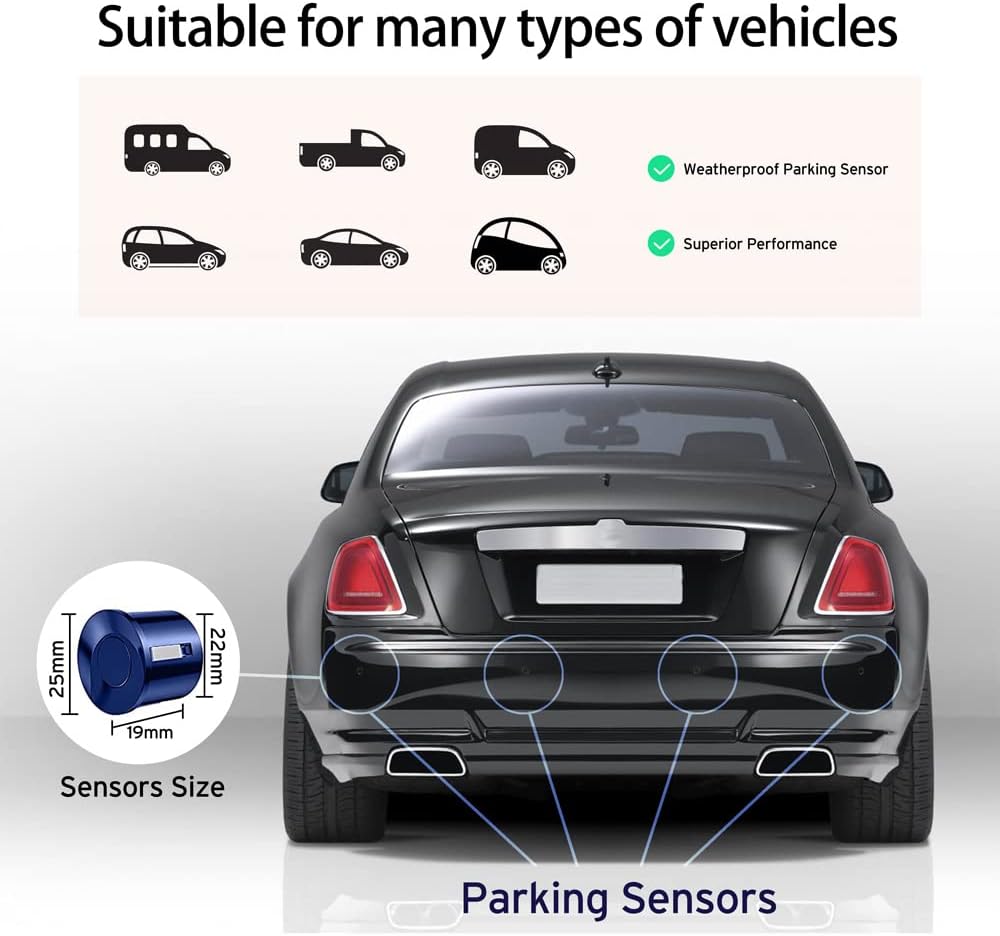 Cordless Parking Sensor, Reverse Radar System with 4 Car Backup Sensors, LED Distance Display with Sound Warning + 4 Blue Parking Sensors for Cars, Vans, RVs, and Trailers
