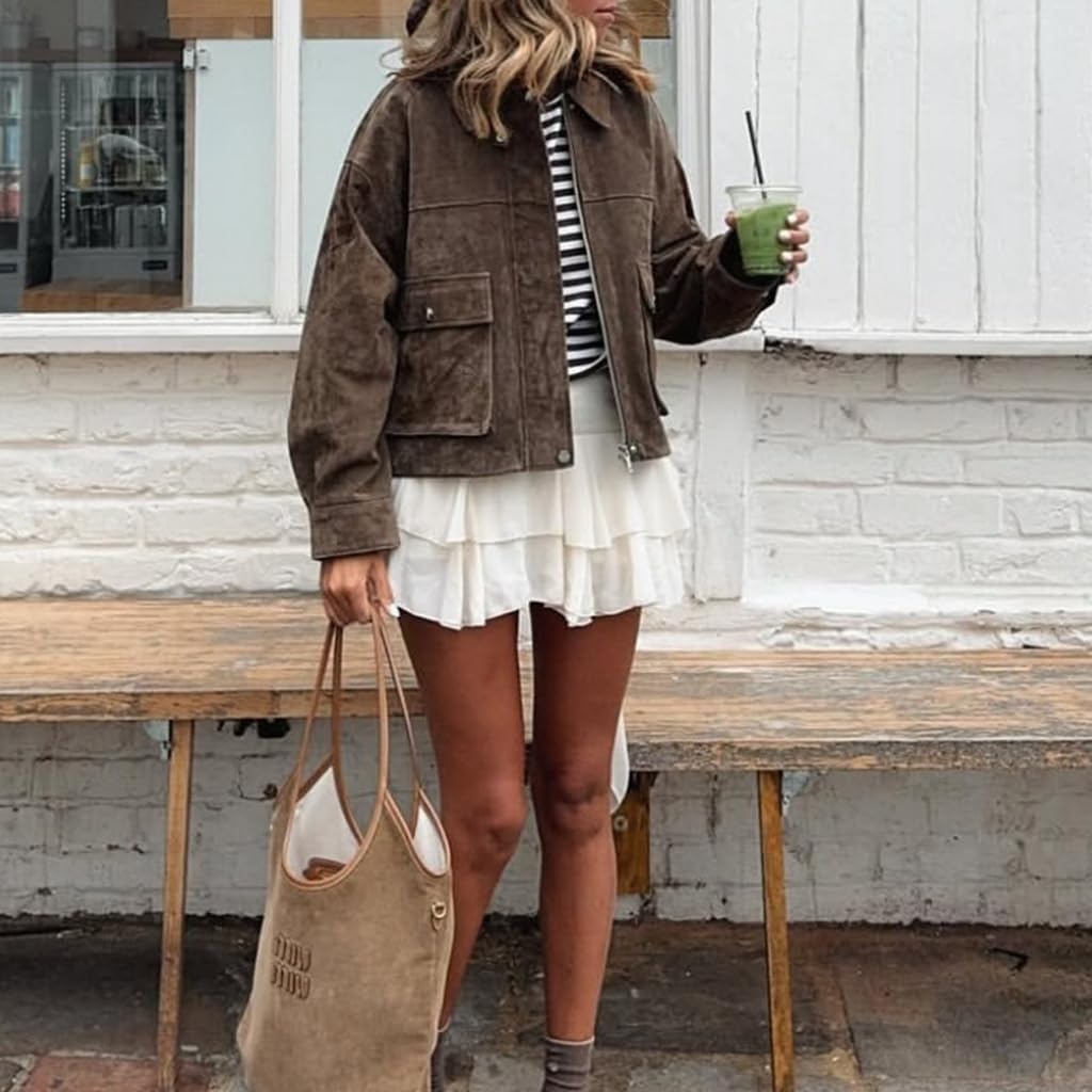 Suede Jacket Women Brown Long Sleeve Lapel Zip Up Faux Suede Jacket Women 2025