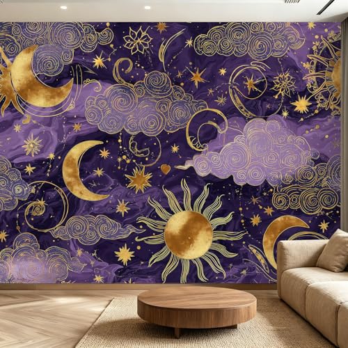 Image of Photo Wallpaper Mural for Living Room, Non-Woven Moon Galaxy Space, Feature Wall Decor, Removable Paste-the-Wall Wall Mural Wallpaper, Purple, 350 x 256 cm (WxH), Washable Wallpaper for Living Room &