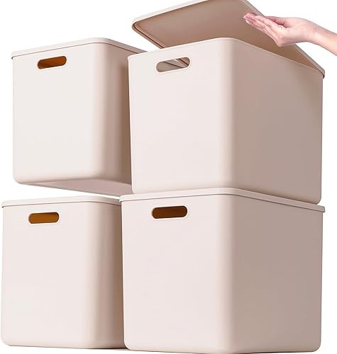 Contenedores de almacenamiento de plástico con tapas, cestas de almacenamiento, contenedor con asa, contenedores organizadores de almacenamiento