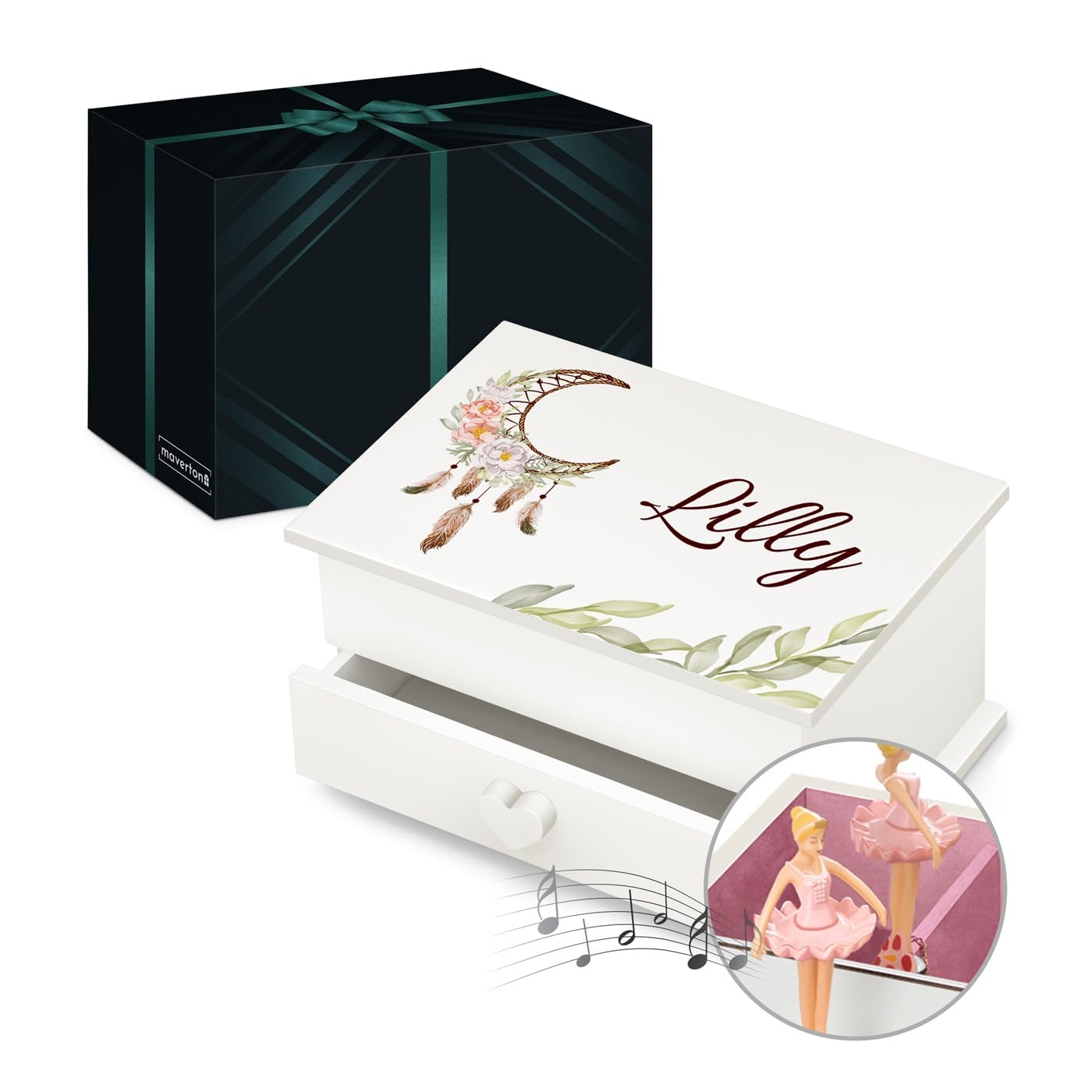 Maverton Personalised Music Ballerina Box for woman - Box with Drawer for lady - Wooden Jewellery Box with customisation - Overprinted White Organiser for Birthday for her - Catcher