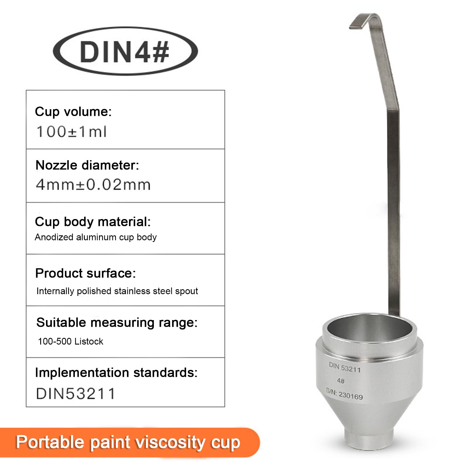 Copa De Viscosidad Para Pintura, Copa De Viscosidad De Inmersión Din Portátil Con Volumen 100±1ml, Diámetro De Boquilla De Flujo 4/6mm, Para Probar Pinturas Recubrimientos Tintas Aceite Tinte Sal 4mm