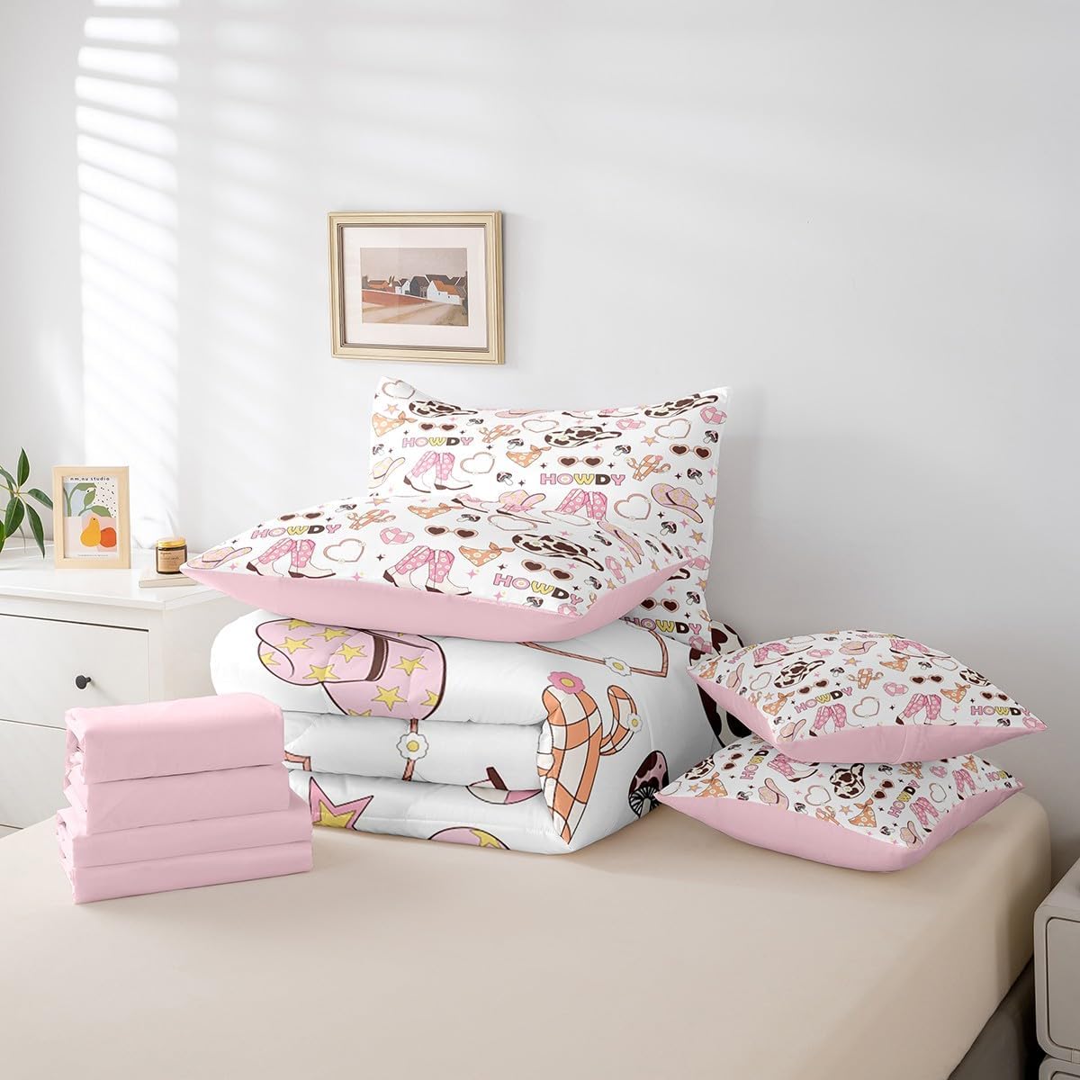 Manfei Pink Cowgirl Comforter Set Bed in a Bag 7 Pieces Twin,Girly Pink Western Bedding Set,Cute Cowgirl Cowboy (Comforter+Fitted+Flat Sheet+2 Pillowcases+2 Throw Pillow Covers)