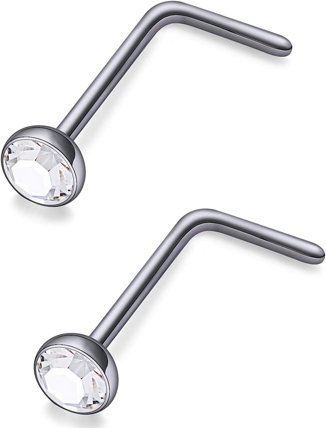Hoeudjo Solid Grade 23 Titanium Press Fit Cubic Zirconia 2mm Micro Ball Top L Shaped/Screw/Bone Nose Ring Studs for Women Men