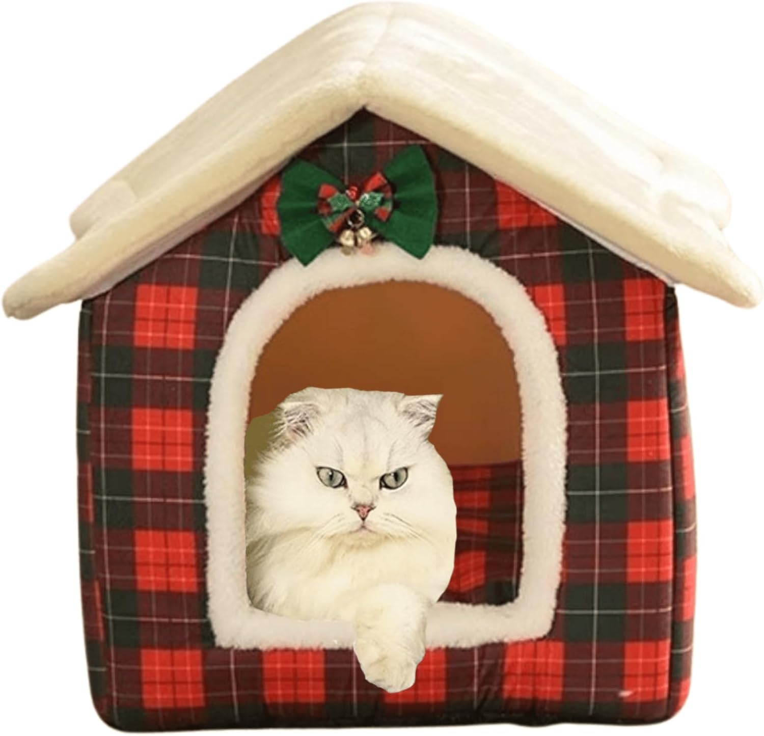 Foldable Dog House Kennel Bed Mat for Indoor Pets,Enclosed Warm Plush Sleeping Nest Bed with Removable Cushion,Covered Small Pet Condos Indoor Cat Hideaway (Red,Small)