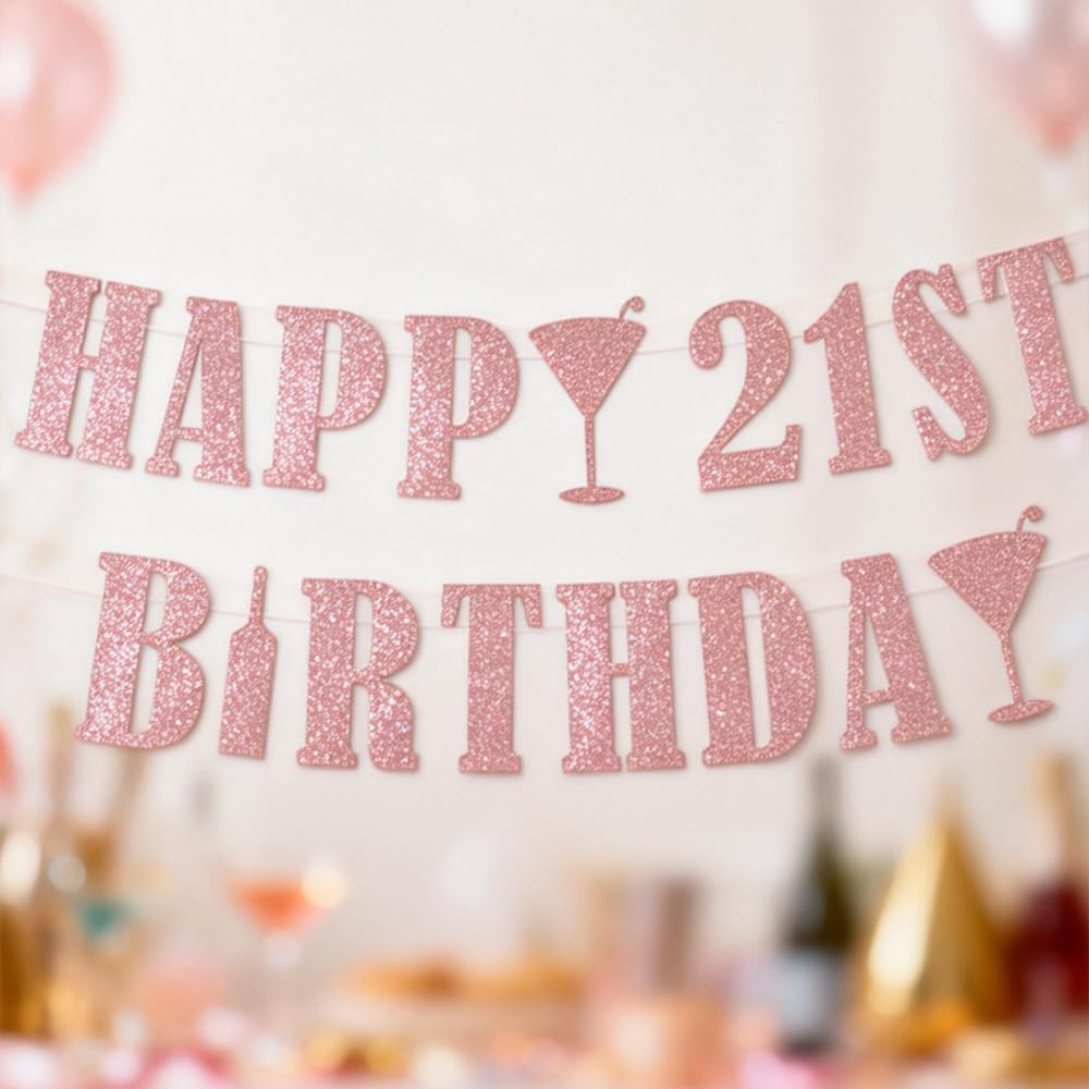 21st Birthday Decorations Rose Gold Glitter Banner - Easy to Install Party Decor for Her with Adjustable Letters & Ribbon, Perfect for 21st Birthday Party Backdrop