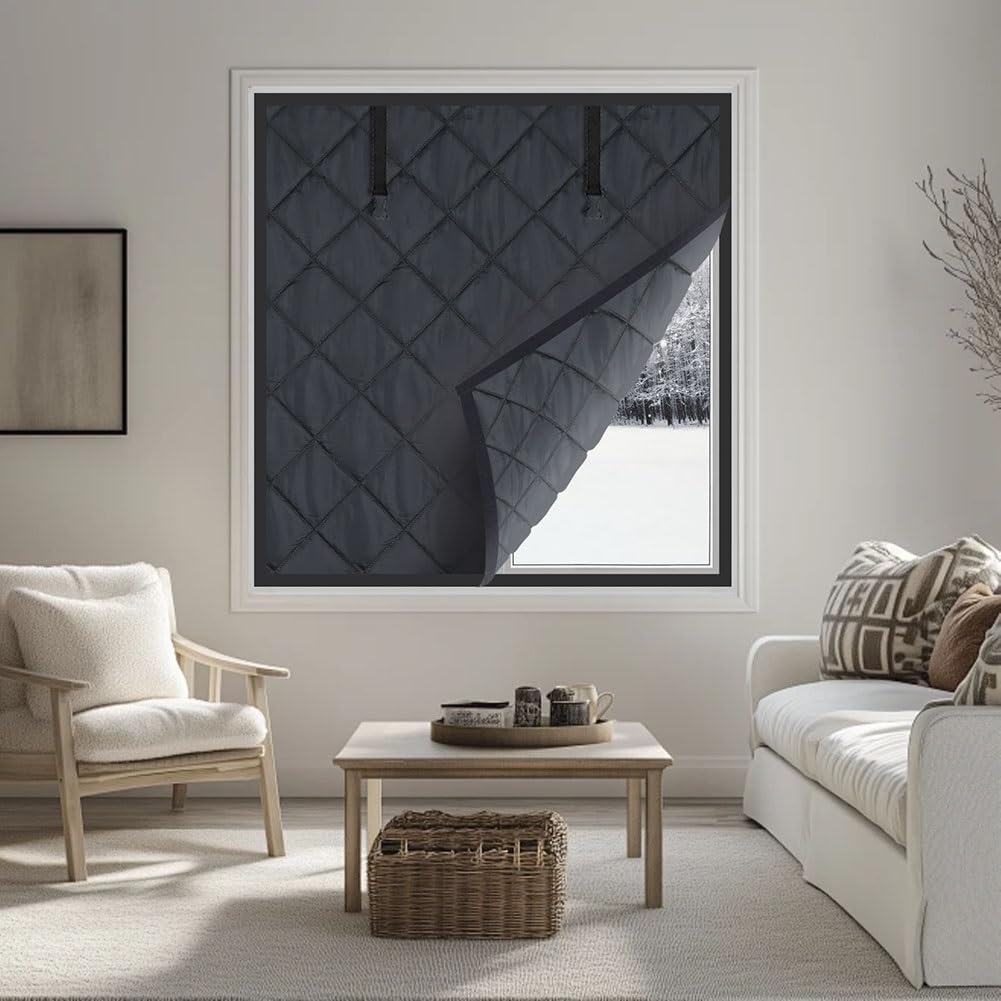 Fensterisolationsset für den Winter,Fenster Isolierung Gegen Kälte,Oxford-Stoff Wärmeschutzvorhang,Thermische Fensterabdeckung aus Baumwolle(Schwarz,130x190 cm)