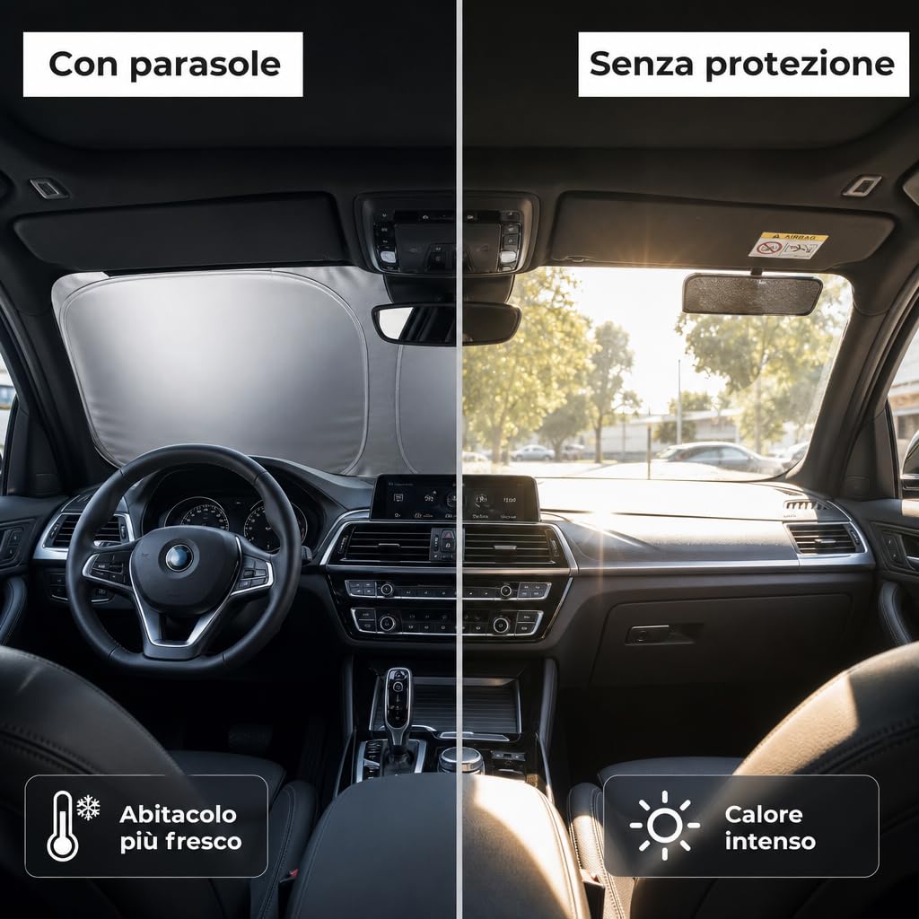 PRISMAL Parasole Auto Parabrezza Interno - Protezione UV e Anti Calore - Tendina Parasole Pieghevole Universale - Copri Parabrezza Riflettente Senza Ventose (145x80 cm)