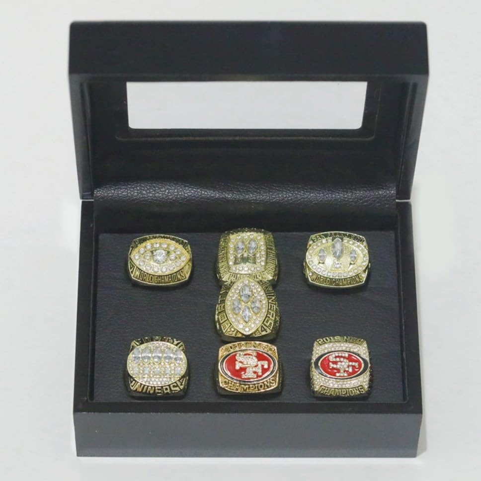 TREASURE FOOTBALL CHAMPIONSHIP RING 49ER 1981 84 88 89 94 12 19 7-TIMES SET & LUXURY BLACK BOX LEGEND VICTORIOUS RARE SPORTS FAN GIFT SERIES - HOLIDAY SHOW COLLECT