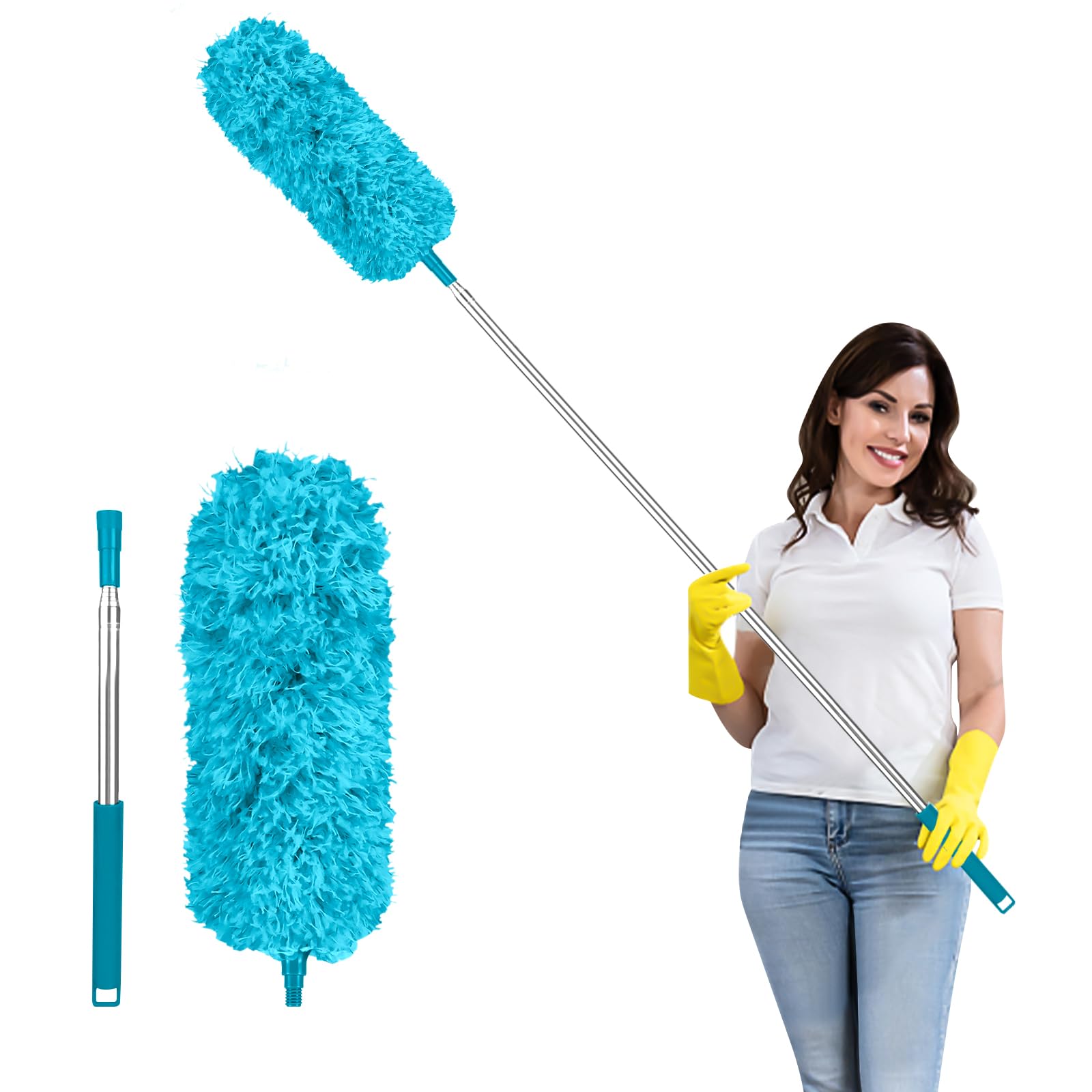 Fogray Staubwedel Teleskop Waschbar Duster Lang Ausziehbar mit Weichem Silikon Cap, Spinnenwebenentferner Staubwischer mit Teleskopstange, Staubfänger für hohe Decken Deckenventilator(Himmelblau)