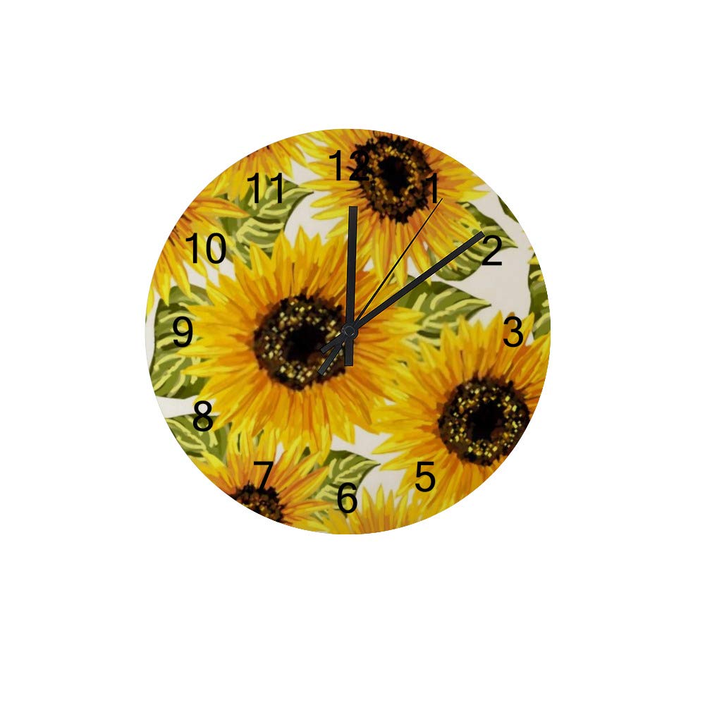 Horloge murale ronde en bois à motif tournesols avec cadran blanc rétro et mécanisme à pile