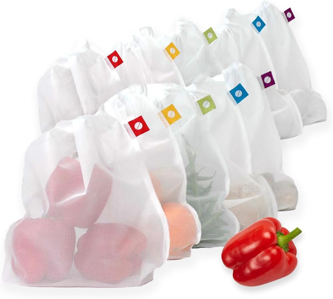 Set of 5 FLIP AND TUMBLE reusable mesh produce bags filled with various fruits and vegetables, including apples, oranges, and a red bell pepper.