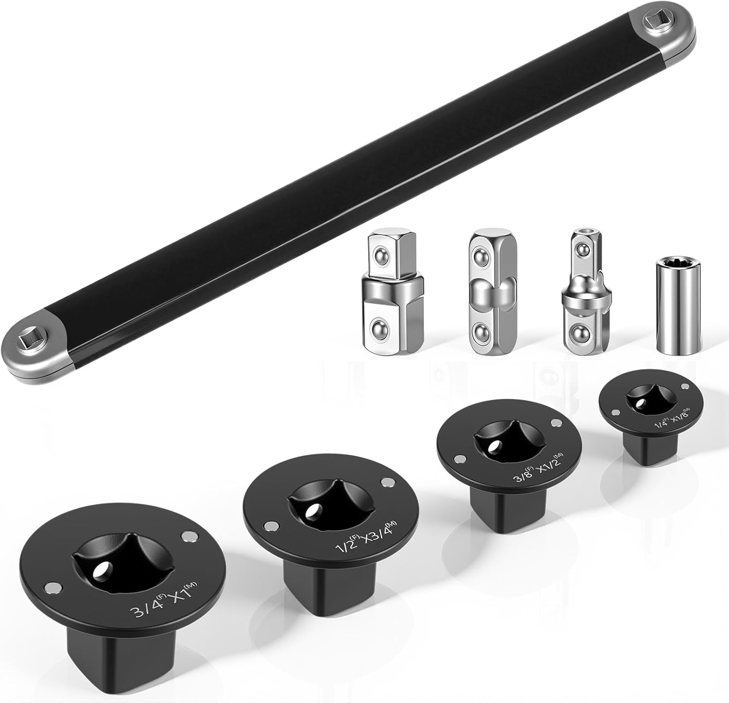 LEIFIDE 9 Pcs Offset Extension Wrench Set (includes 1/4", 3/8", 1/2" Drive Adapters) with Low Profile Impact Socket Adapter Set (1"to3/4", 3/4"to1/2", 1/2"to3/8", 3/8"to1/4") for Tight Spaces