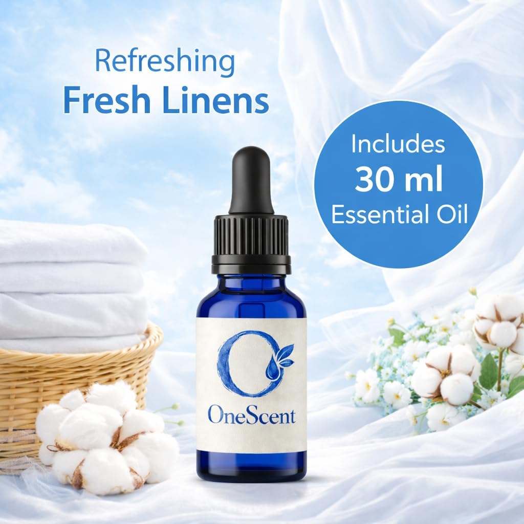 OneScent Waterless Plug-in Scent Diffuser with Long Lasting Fresh Linen Essential Oil, 1000sqft Coverage, 30ml Luxury Hotel Oil Included