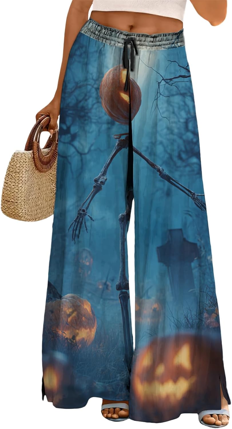 Halloween Pants Women Drawstring Elastic Waist Wide Leg Pants Ladies Pumpkin Ghost ...